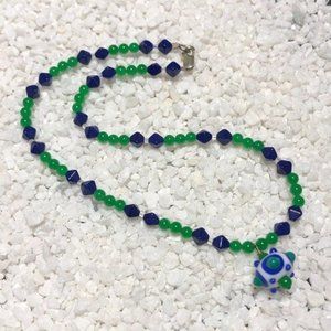 Handmade Beaded Necklace Green Blue Glass Beads
